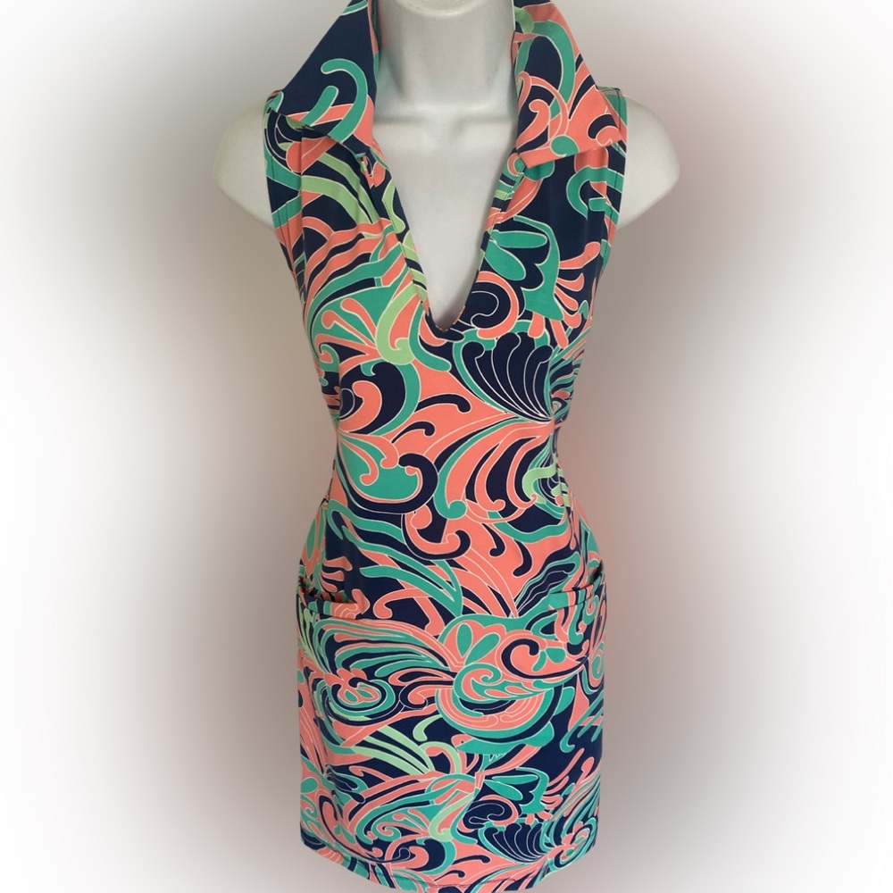 Katherine Way Multicolored Dress - S navy green print , polyester spandex
